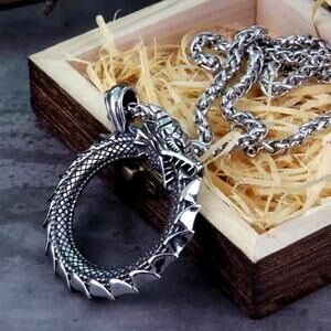 Men's Silver Tone Dragon Circle Ouroboros Pendant Necklace 24" Chain Fantasy